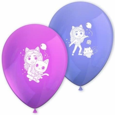 Dois balões coloridos com desenhos de menina e gato em branco