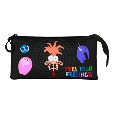 Estojo preto com personagens e texto colorido FEEL YOUR FEELINGS