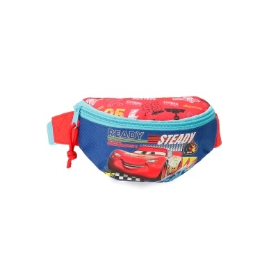 Bolsa tipo cinto azul e vermelha com personagem de filme e frase 'READY STEADY'