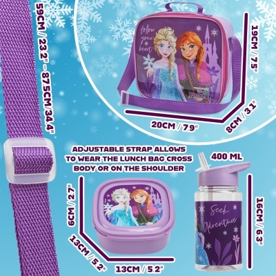 Conjunto lancheira e garrafa infantil Frozen lilás e roxo com personagens Elsa e Anna