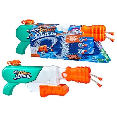 Pistola de água Nerf Super Soaker Hydro Frenzy em plástico verde, branco e laranja com embalagem colorida.