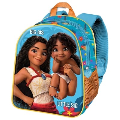 Mochila infantil azul com personagem 'BIG SIS' e 'LITTLE SIS' e flores coloridas