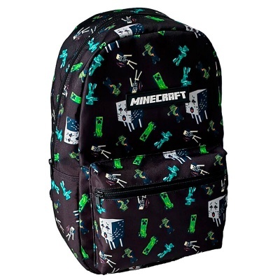Mochila preta com padrão Minecraft e texto MINECRAFT branco