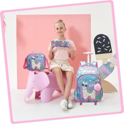 Mochila, bolsa térmica e estojo infantis com imagem de lama, em azul e rosa