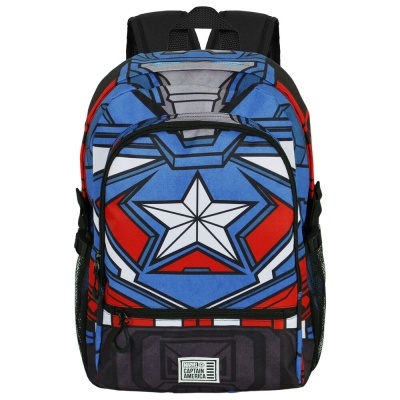 Mochila azul, vermelha e cinza com estrela branca e padrão gráfico Capitão América.