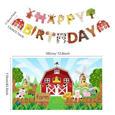 Faixa decorativa de feliz aniversário com animais e fazenda colorida