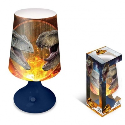 Candeeiro de mesa com cúpula ilustrada com dinossauros, base azul, e caixa com o mesmo design