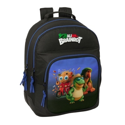 mochila preta com bolso frontal colorido e texto Italain Brainrot