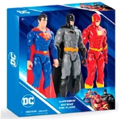 Caixa azul com três bonecos DC: Superman, Batman e The Flash.
