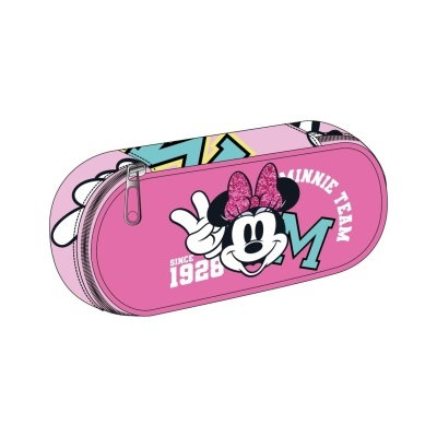 Estojo escolar rosa com desenho da Minnie Mouse e texto