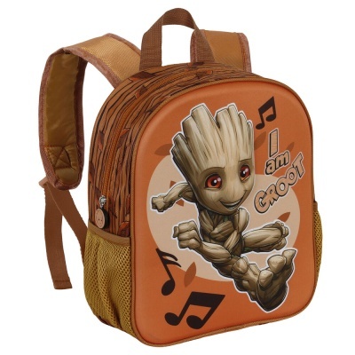 Mochila castanha com personagem Groot e texto I am GROOT