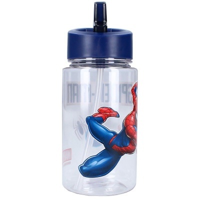 Garrafa plástica transparente com tampa azul e imagem do Homem-Aranha