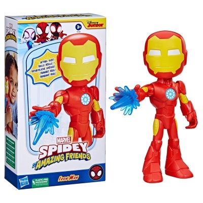 Boneco articulado Iron Man vermelho e amarelo com detalhes azuis ao lado da embalagem