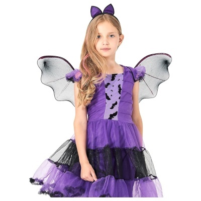 Vestido de fantasia infantil roxo e preto com asas e tiara de orelhas