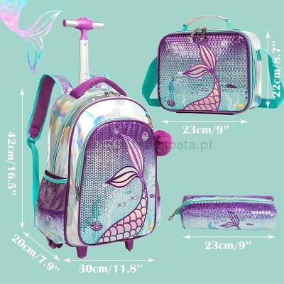 Conjunto de mochila, lancheira e estojo com cauda de sereia em roxo metálico e azul turquesa