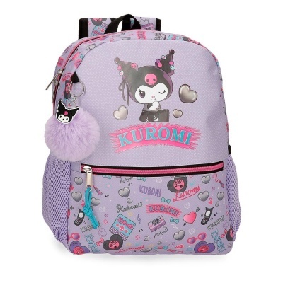 mochila roxa com personagem KUROMI e chaveiro pompom