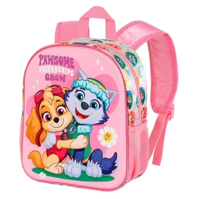 Mochila rosa com personagens animados de cães e texto PAWSOME FRIENDSHIPS GROW