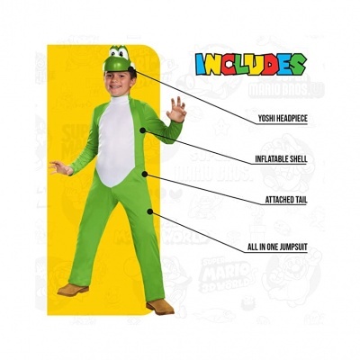 Fato de criança inspirado no personagem Yoshi com recurso insuflável e acessório de cabeça