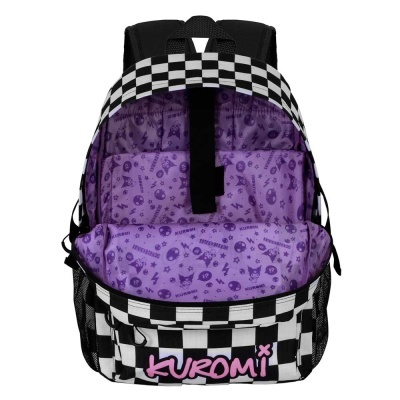 Mochila quadriculada com interior lilás e palavra KUROMI na frente