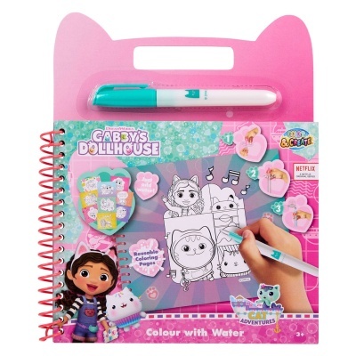 Livro de colorir Gabby's Dollhouse com caneta azul e capa rosa e azul