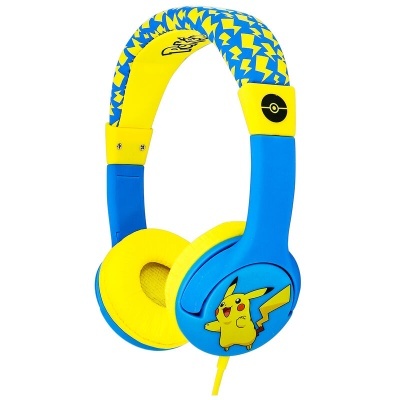 Auriculares temáticos Pokémon azuis e amarelos com Pikachu e símbolos de relâmpago