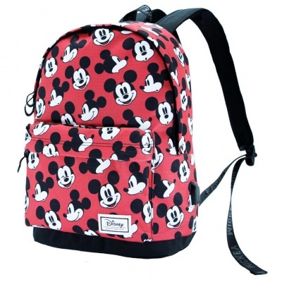 Mochila vermelha com padrão de rostos de Mickey Mouse e etiqueta Disney