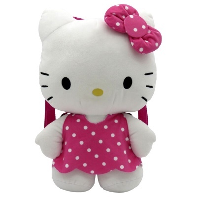 Mochila infantil de Hello Kitty em peluche com vestido e laço rosa com bolinhas brancas