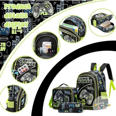 Conjunto escolar com tema de videojogos em preto, verde e azul