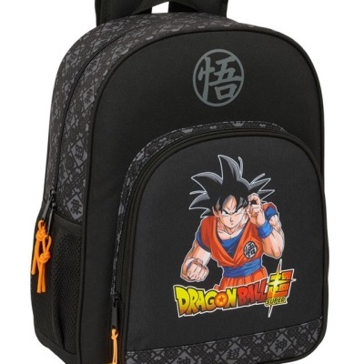 Mochila preta Dragon Ball Super com estampa de Goku e detalhes em cinza e laranja