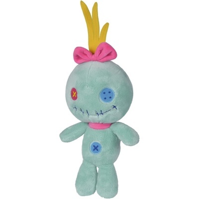 Boneco de peluche verde com olhos de botões rosa e azul e laço cor-de-rosa