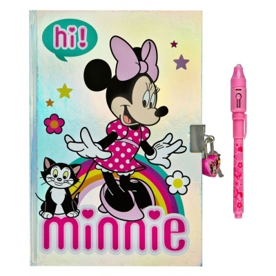 Caderno holográfico da Minnie com fecho e caneta rosa