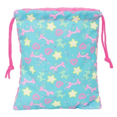 Mochila saco azul com estampado de estrelas e corações e fecho de cordão rosa