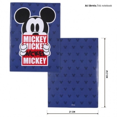 Capa de caderno A4 azul com design do Mickey Mouse e texto MICKEY