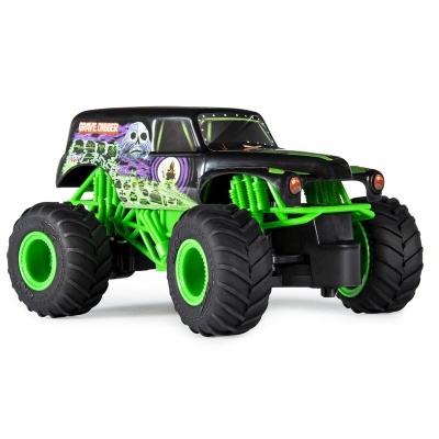 Carrinho de controle remoto monster truck preto e verde com desenhos de caveiras