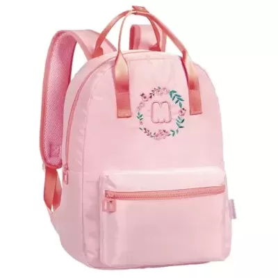 Mochila rosa com bolso frontal e bordado decorativo