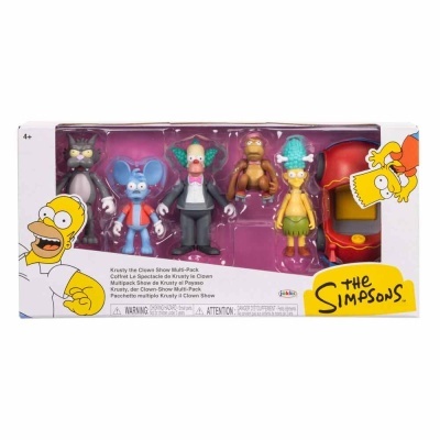 Caixa com conjunto de figuras das personagens de The Simpsons.