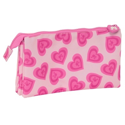 Estojo escolar rosa com padrão de corações e fecho rosa