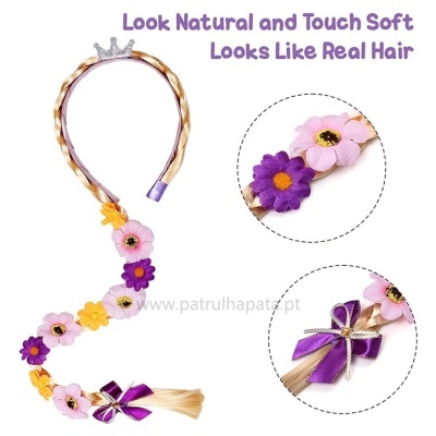 Acessório para cabelo trançado com flores coloridas e fita roxa com laço, coroa prateada e texto promocional