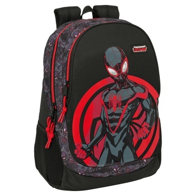 Mochila preta com figura do Homem-Aranha em preto e vermelho e fechos vermelhos