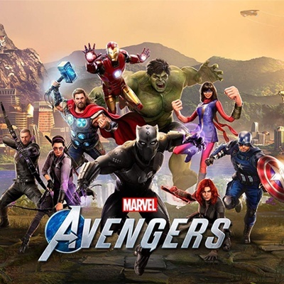 Imagem promocional Marvel Avengers com personagens em ação no cenário urbano.