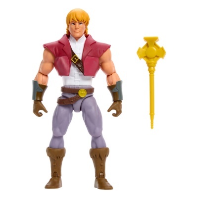 Boneco de ação loiro com colete vermelho e cetro amarelo