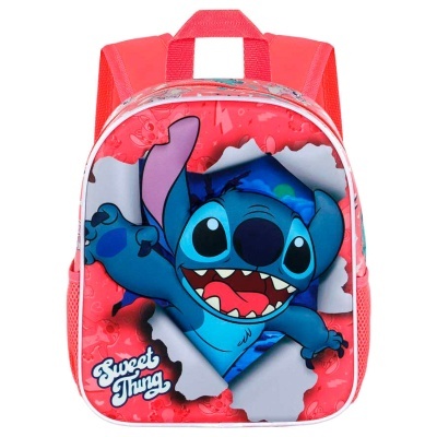 Mochila infantil vermelha com personagem azul Stitch e texto 'Sweet Thing'