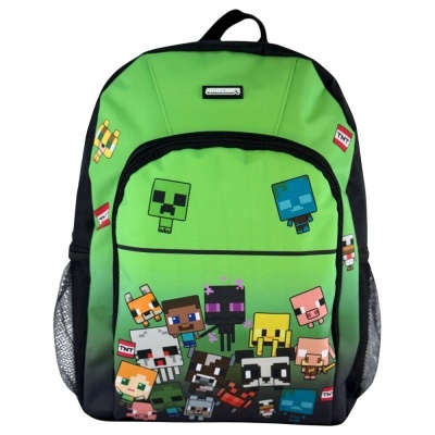 Mochila verde com personagens pixeladas de videojogo e texto TNT