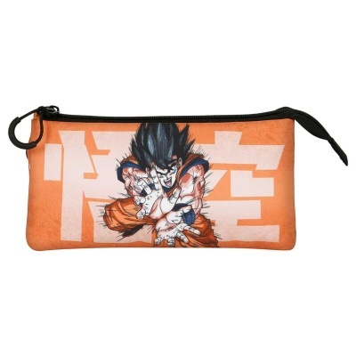 Estojo escolar laranja com desenho do personagem Goku e caracteres brancos