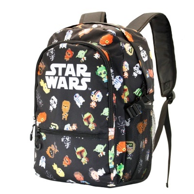 Mochila Star Wars preta com personagens pixelados coloridos