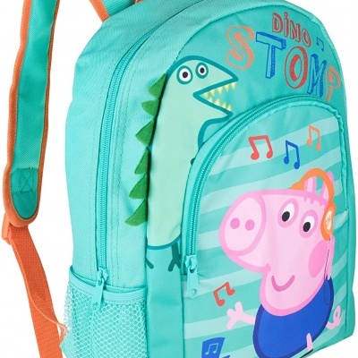 Mochila infantil azul turquesa com personagens e texto Dino STOMP