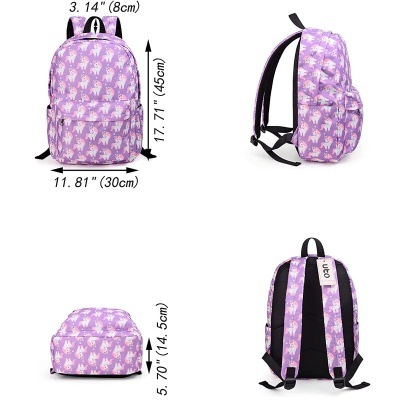 Mochila lilás com padrão de unicórnios, várias vistas e dimensões