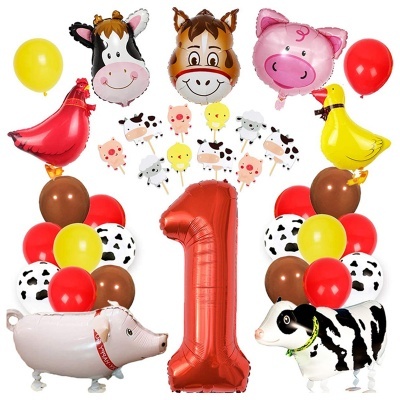 Balões decorativos de festa infantis com tema de animais da quinta e número 1 vermelho.