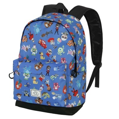 Mochila azul com padrão de personagens animados e alças pretas