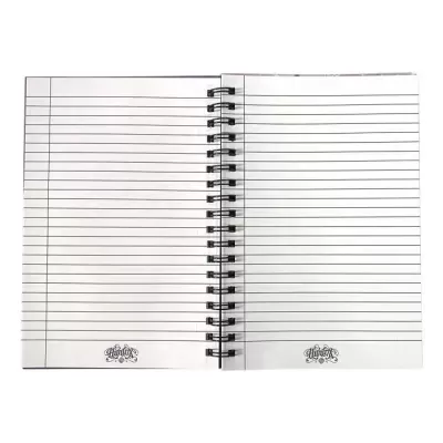 Caderno aberto com páginas brancas e linhas pretas, espiral preta e texto Huntz